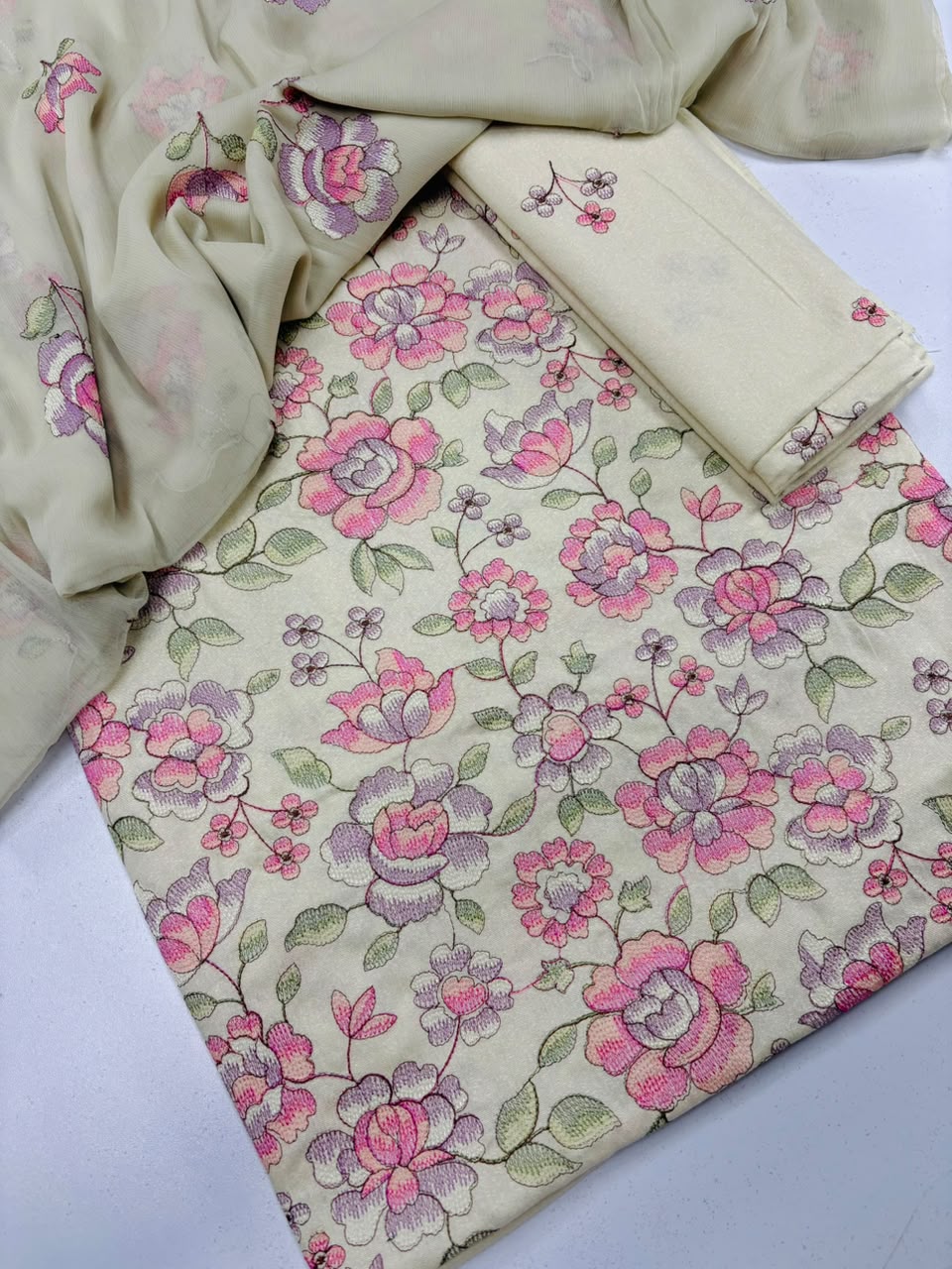 Beige  Floral Embroidered 3-Piece Suit
