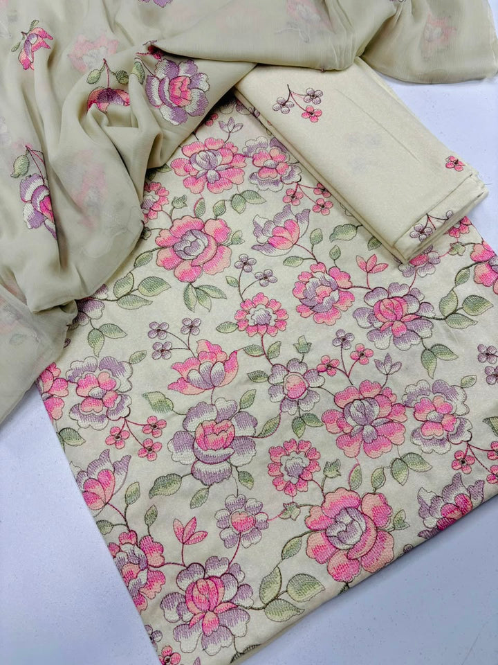 Beige  Floral Embroidered 3-Piece Suit