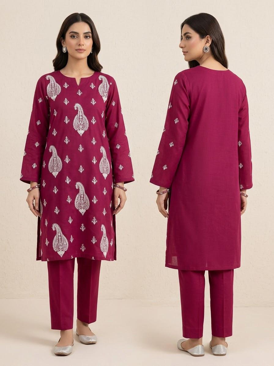 Embroidered Lawn 2 Piece Suit Magenta Pink