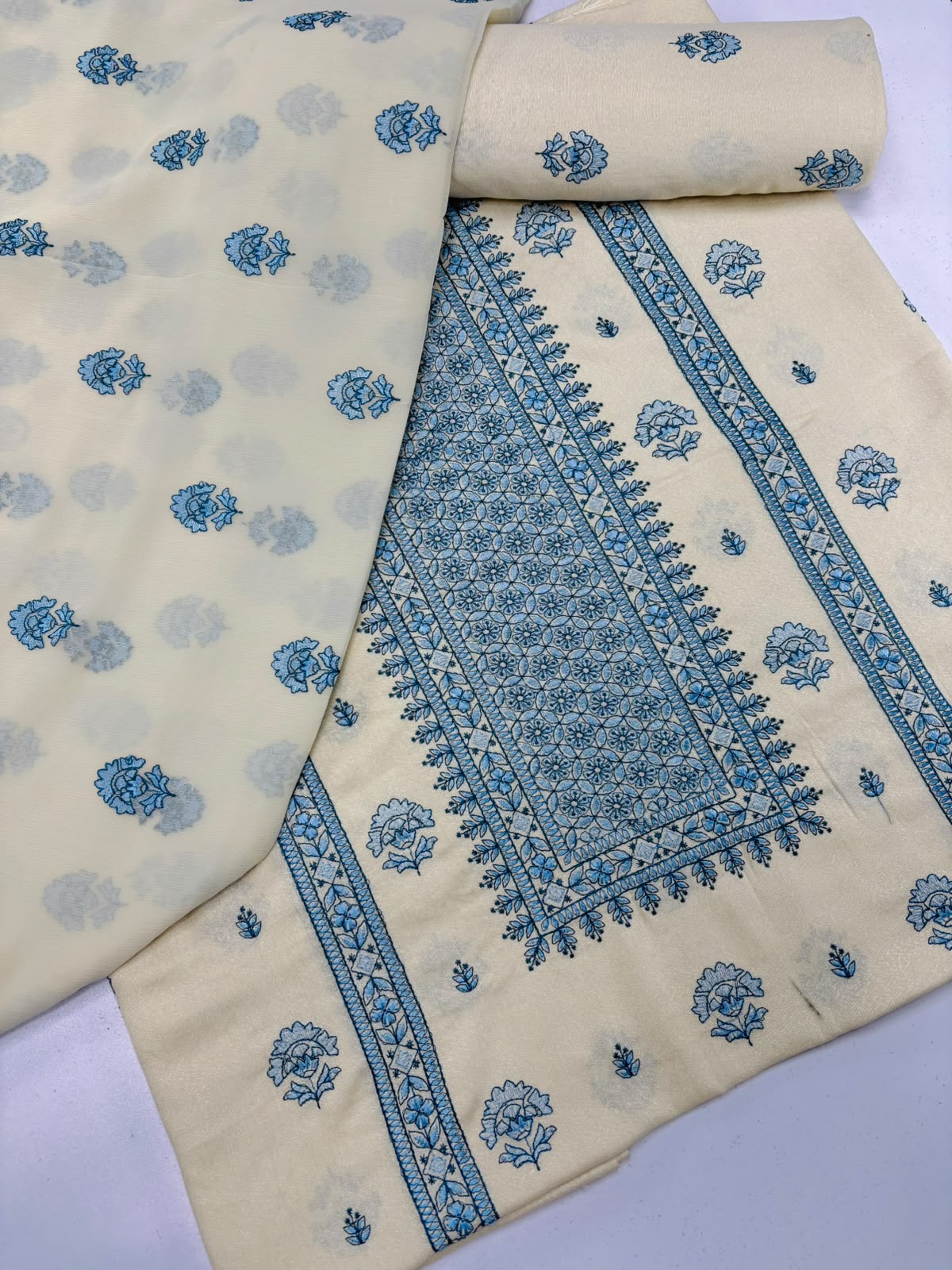 Cream Blue Embroidered  3-Piece Suit