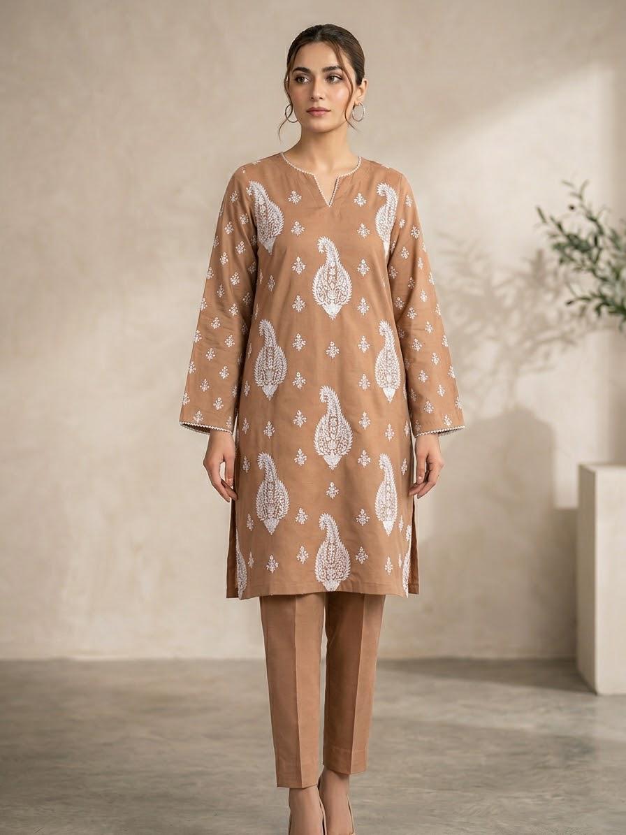 Embroidered Lawn 2 Piece Suit Peach Tan