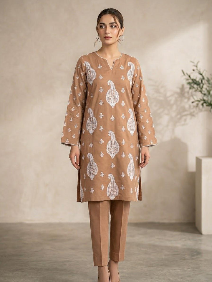 Embroidered Lawn 2 Piece Suit Peach Tan