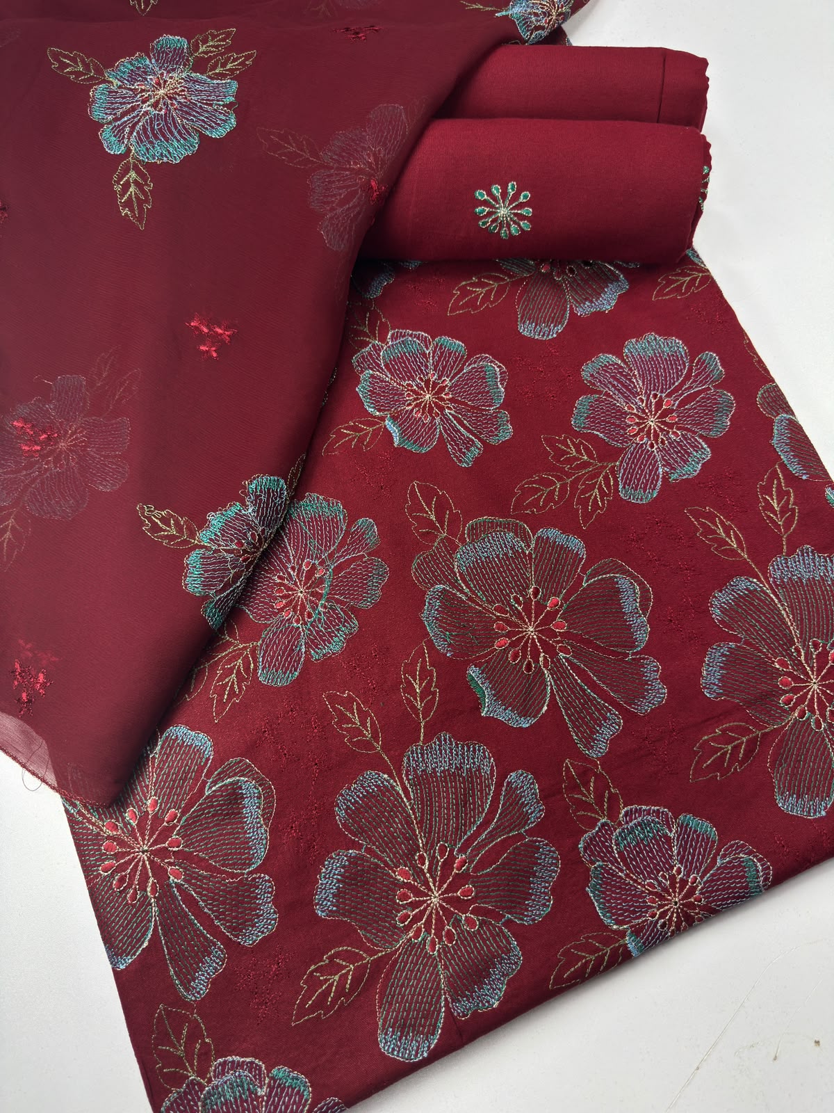 Maroon Floral Embroidered 3-Piece Suit