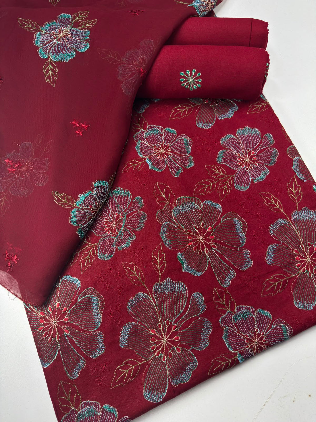 Maroon Floral Embroidered 3-Piece Suit