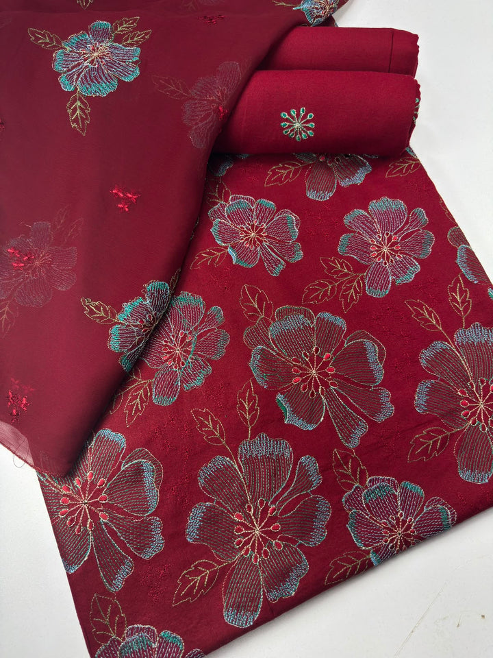 Maroon Floral Embroidered 3-Piece Suit