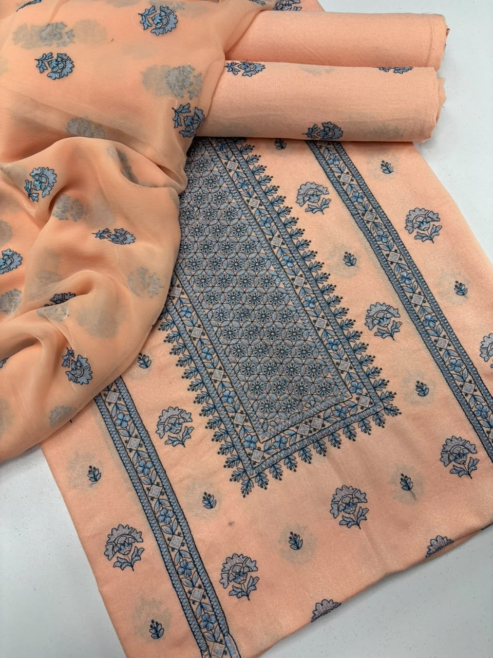 Peach Blue Embroidered  3-Piece Suit