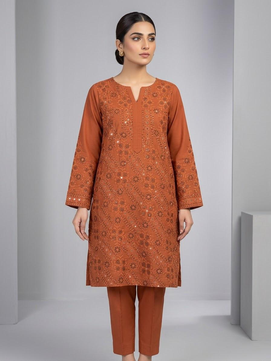 Embroidered 2 Piece Lawn Suit Rust Copper