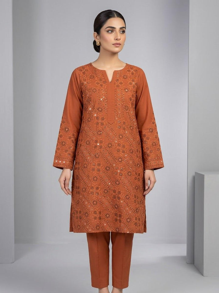 Embroidered 2 Piece Lawn Suit Rust Copper