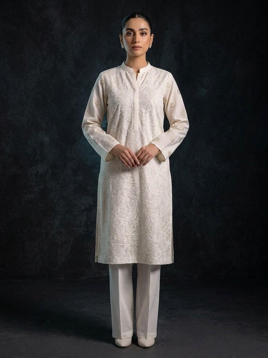 Embroidered 2 Piece Lawn Suit Pure White / Silver