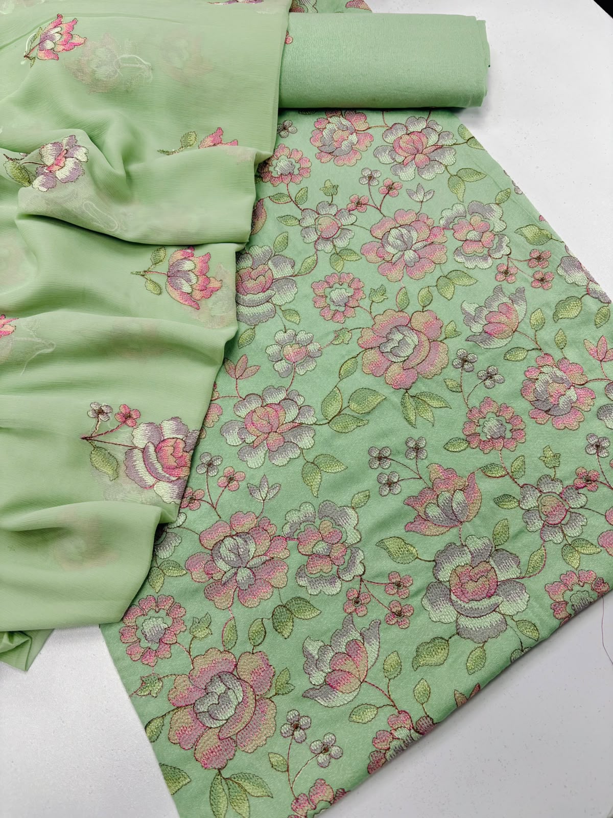 Sea Green Floral Embroidered 3-Piece Suit