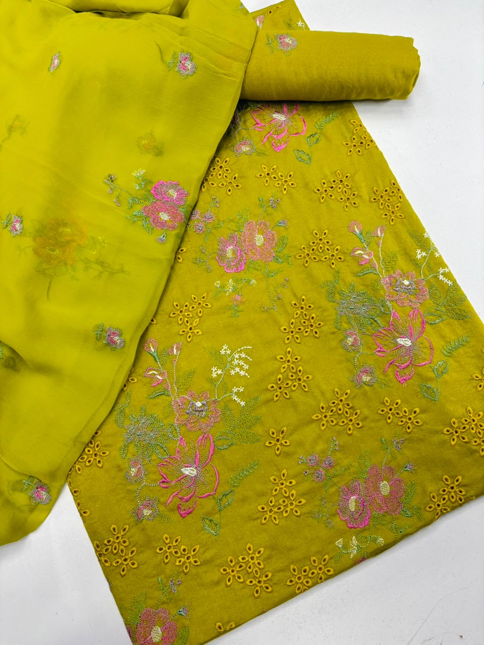 Olive Green Embroidered chicken Kari 3-Piece Suit