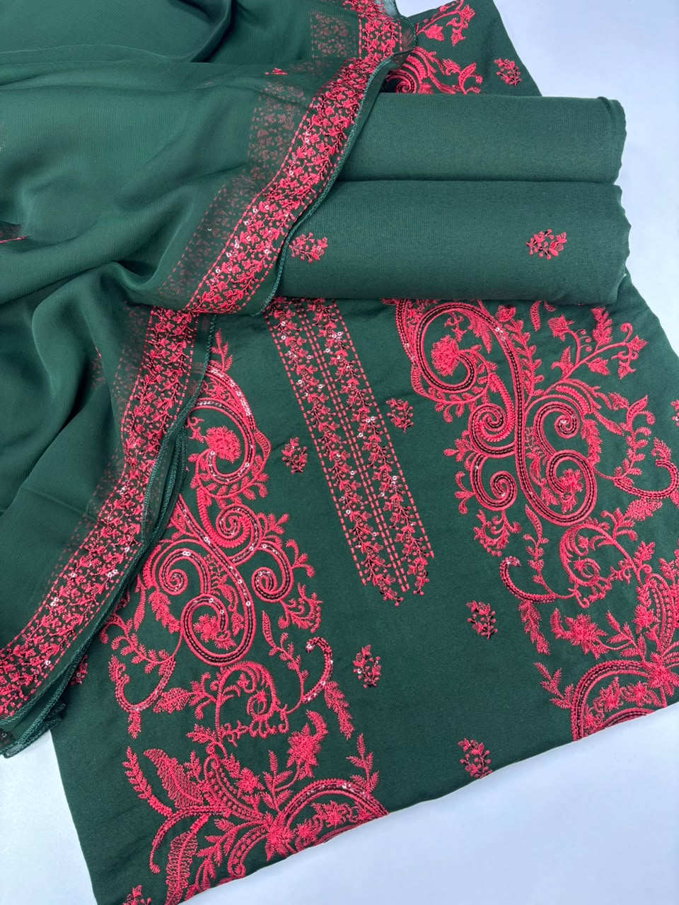 Karandi 3 piece neckline design Bottle green