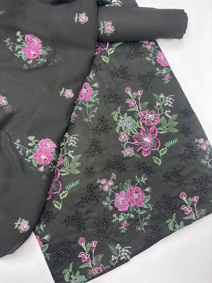Black  Embroidered chicken Kari 3-Piece Suit
