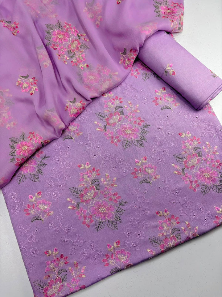 Karandi 3-Piece Chicken Kari Work Suit (Lilac Colour)