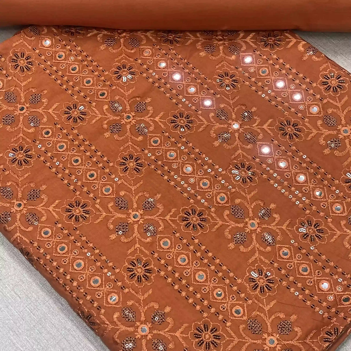 Sequined Geometric Embroidered 2 Piece Lawn Suit Rust Copper