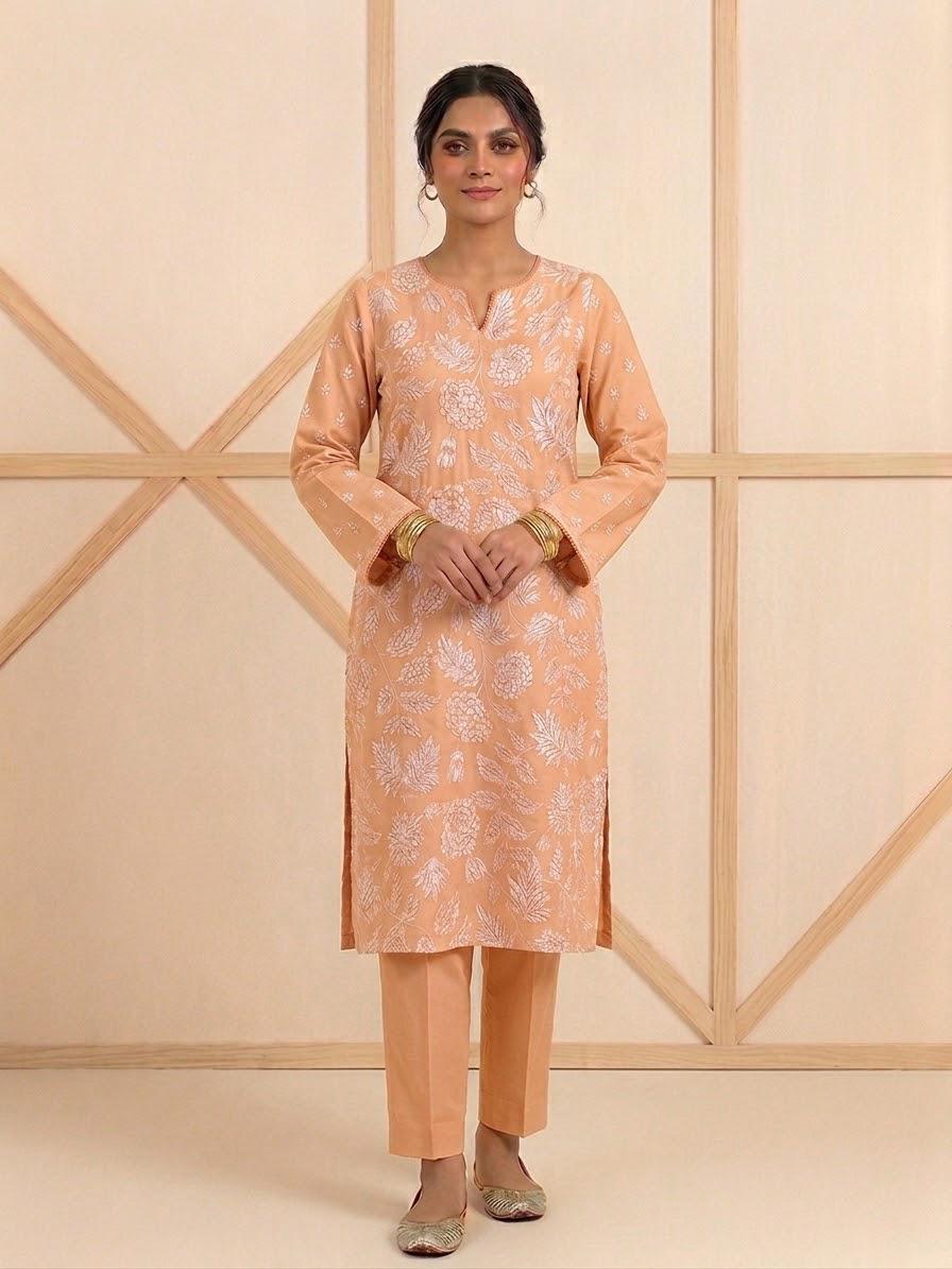 Embroidered 2 Piece Lawn Suit Apricot Peach