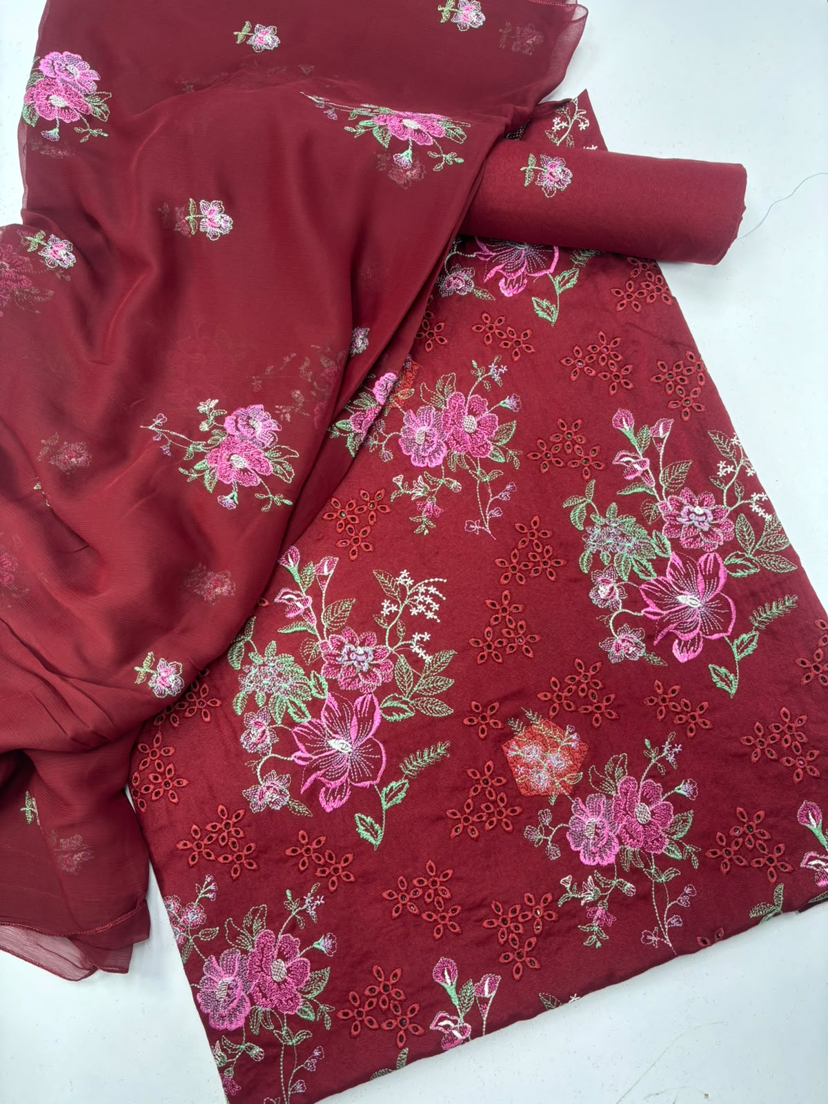 Maroon  Embroidered chicken Kari 3-Piece Suit