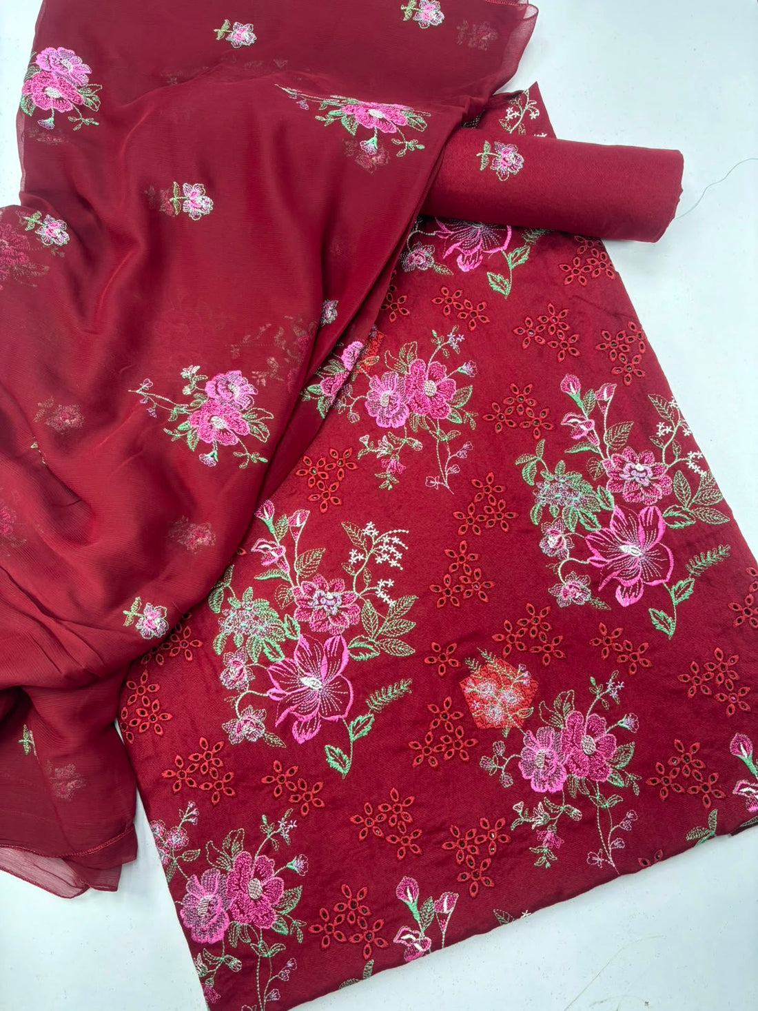 Maroon  Embroidered chicken Kari 3-Piece Suit