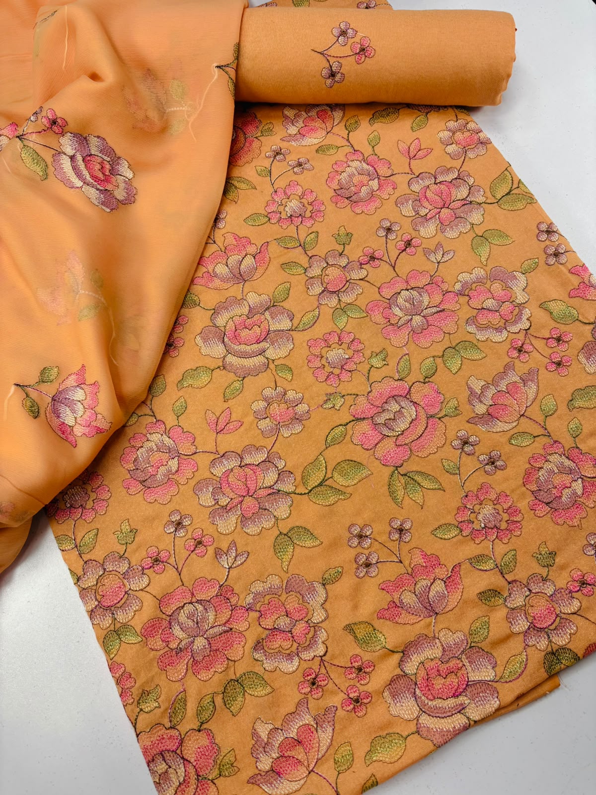 Peach  Floral Embroidered 3-Piece Suit