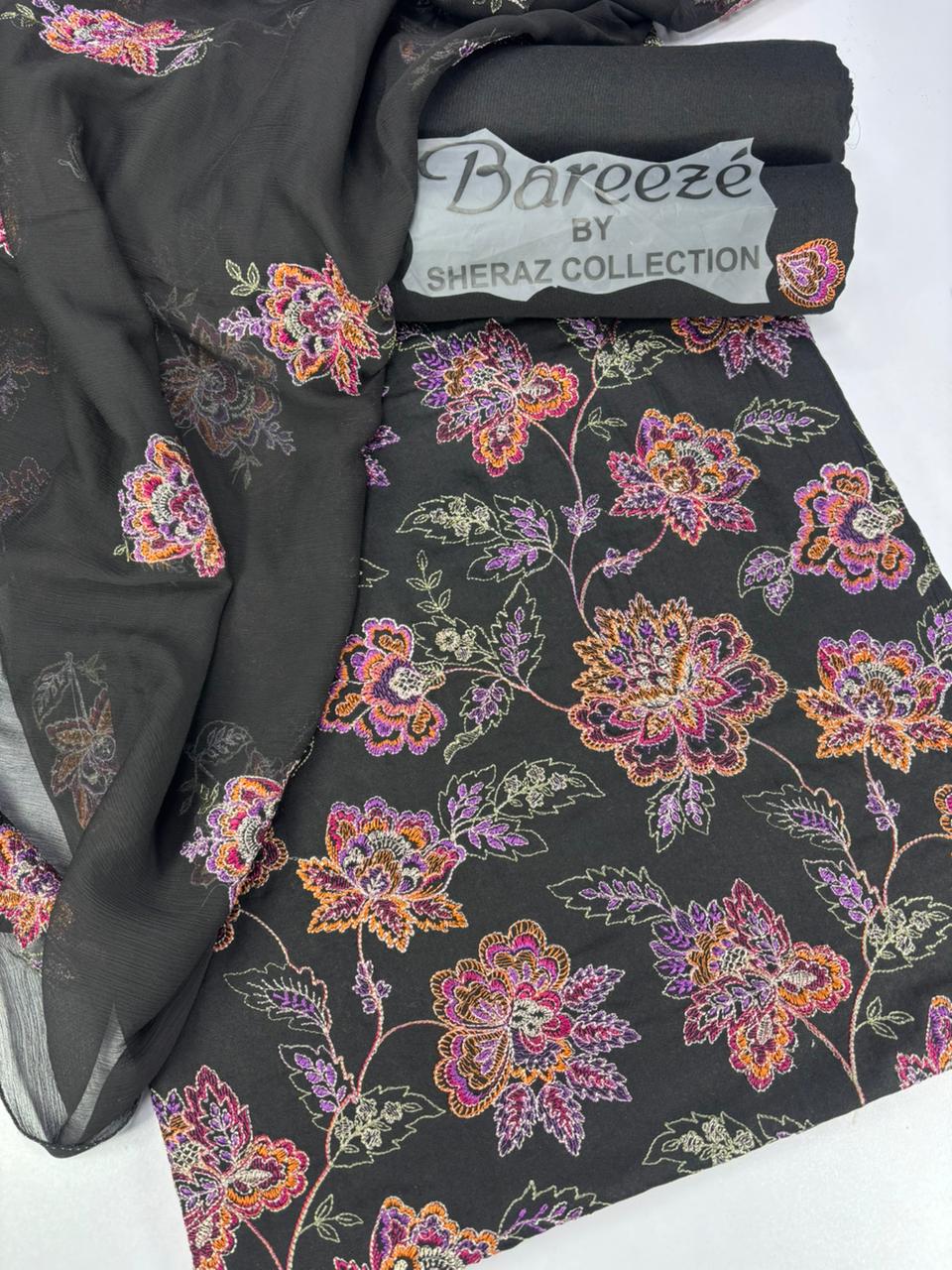 Embroidered karandi multi black suit 3 piece
