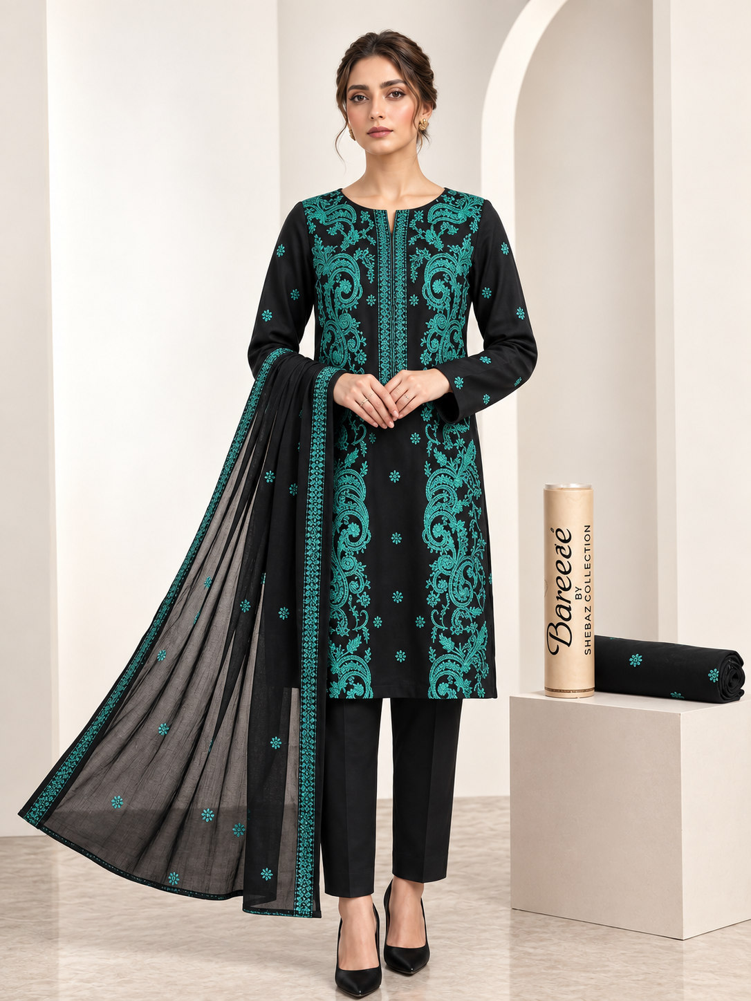 Karandi 3 piece neckline design  Jet black