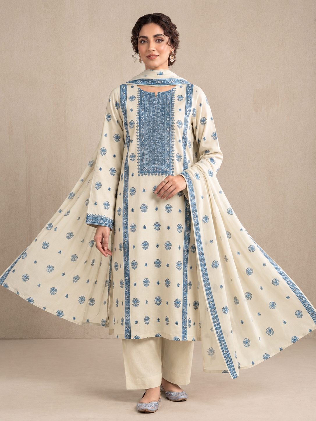Cream Blue Embroidered  3-Piece Suit