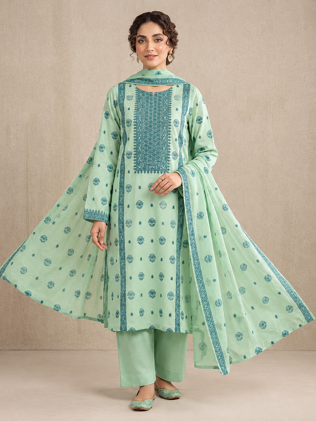 Mint Green  Embroidered  3-Piece Suit