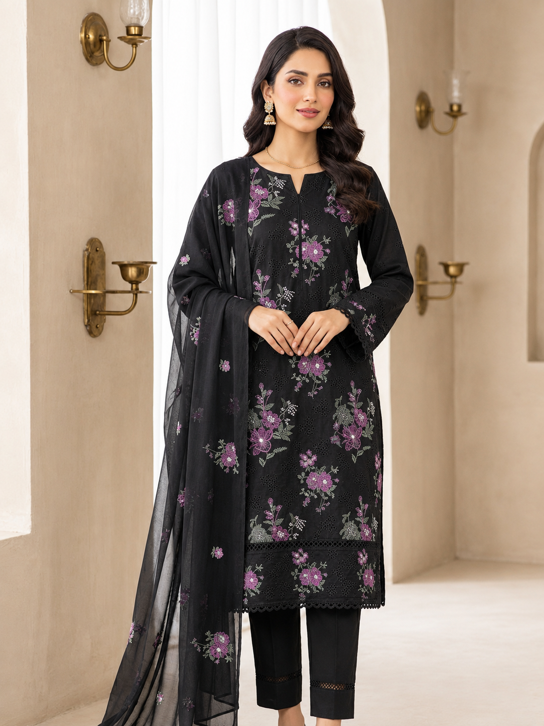 Black  Embroidered chicken Kari 3-Piece Suit
