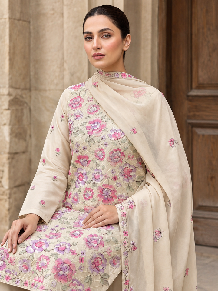 Beige  Floral Embroidered 3-Piece Suit
