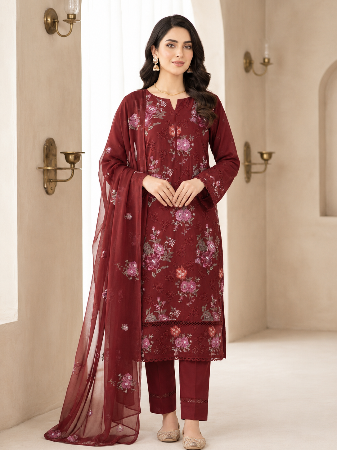 Maroon  Embroidered chicken Kari 3-Piece Suit