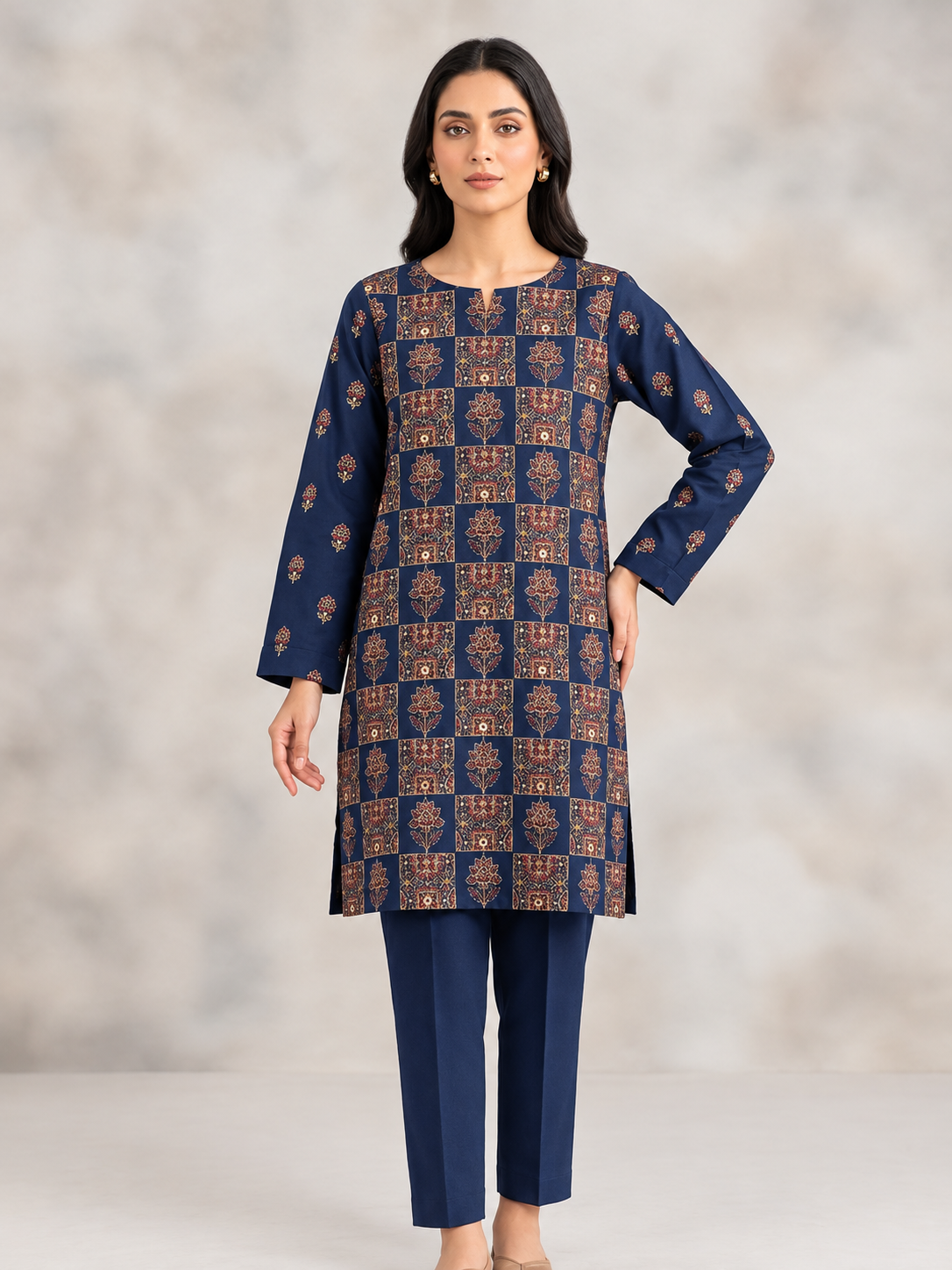 Navy Blue Embroidred  2-Piece Suit