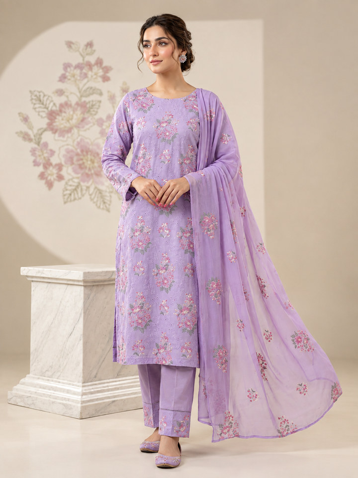 Karandi 3-Piece Chicken Kari Work Suit (Lilac Colour)