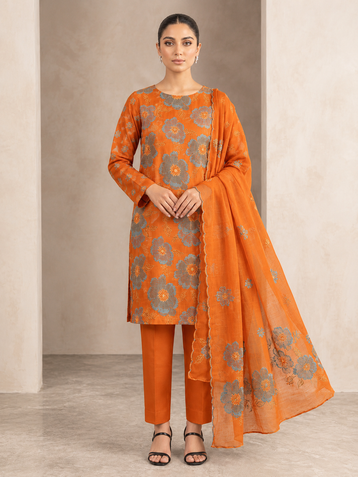 Unstitched Karandi 3 piece  Rust