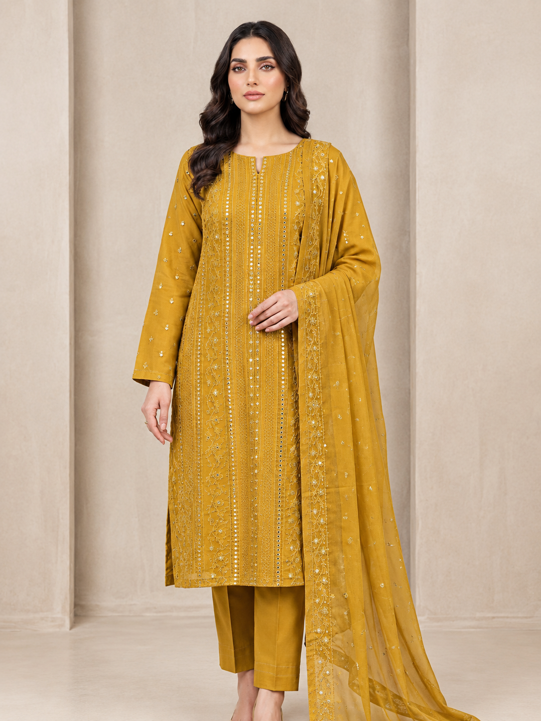 Mustard Yellow Embroidered 3-Piece Suit