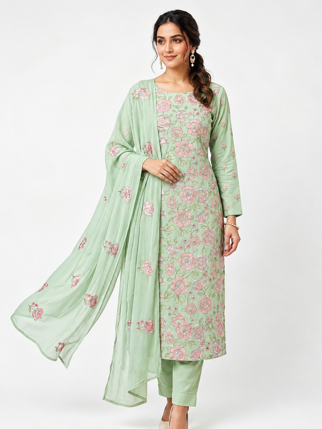 Sea Green Floral Embroidered 3-Piece Suit