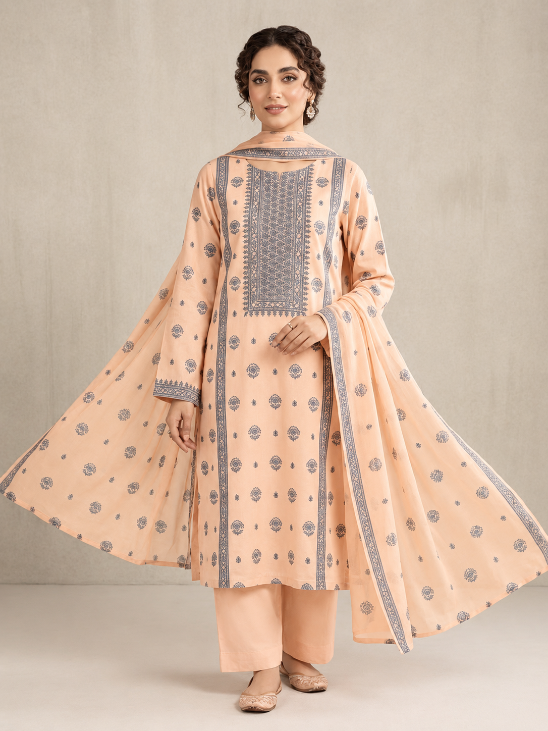 Peach Blue Embroidered  3-Piece Suit