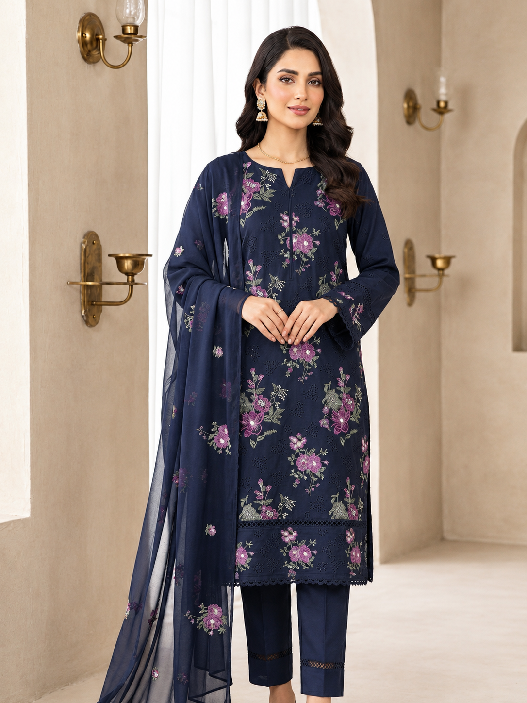 Midnight blue Embroidered chicken Kari 3-Piece Suit