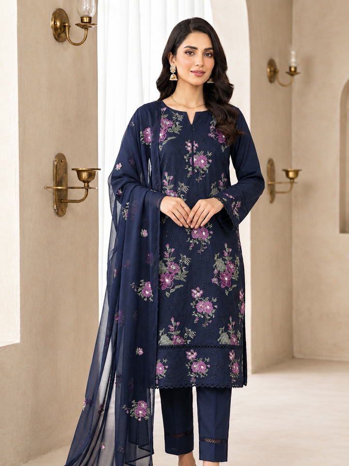 Midnight blue Embroidered chicken Kari 3-Piece Suit