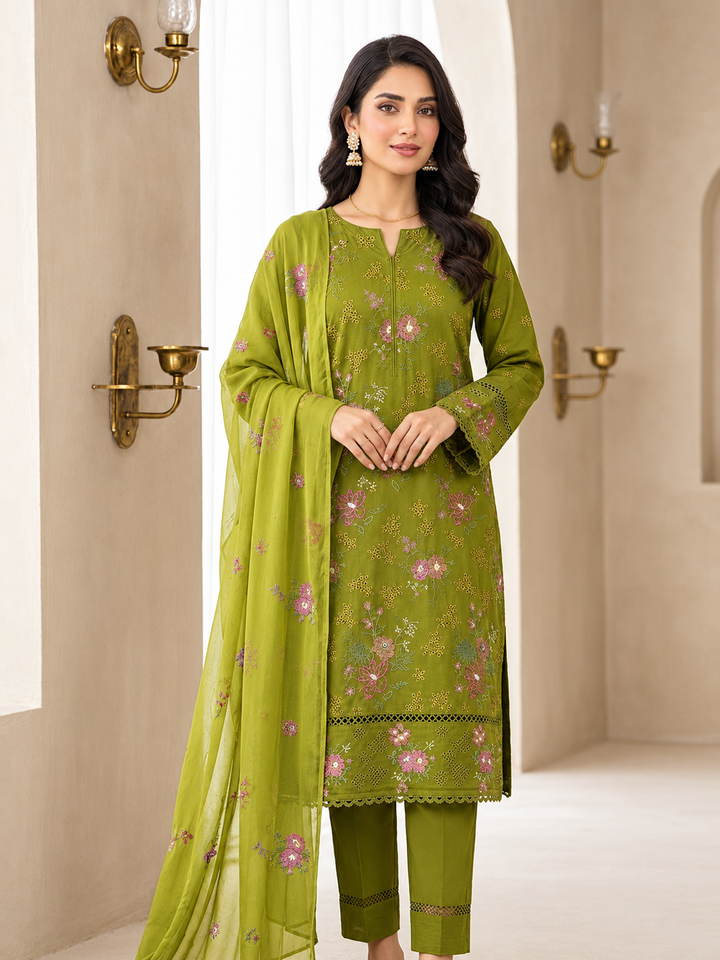 Olive Green Embroidered chicken Kari 3-Piece Suit