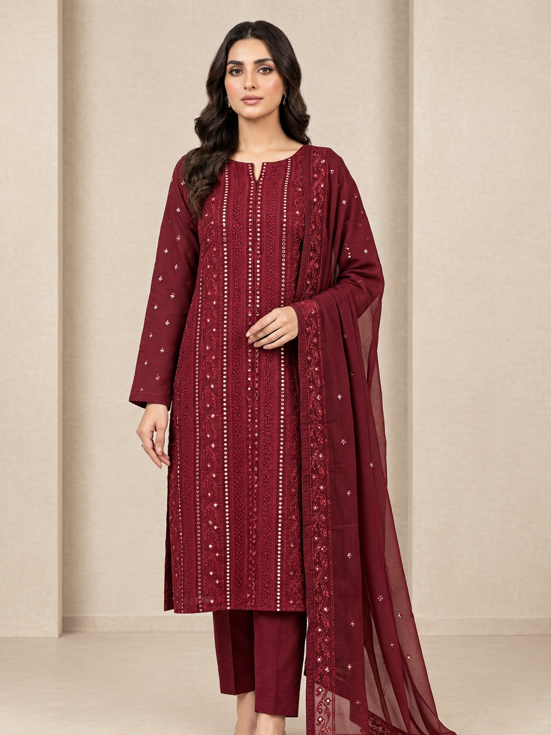 Maroon Embroidered 3-Piece Suit