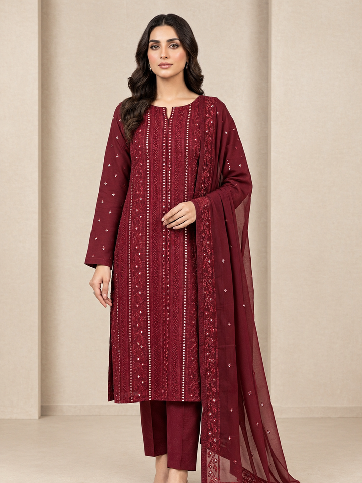 Maroon Embroidered 3-Piece Suit