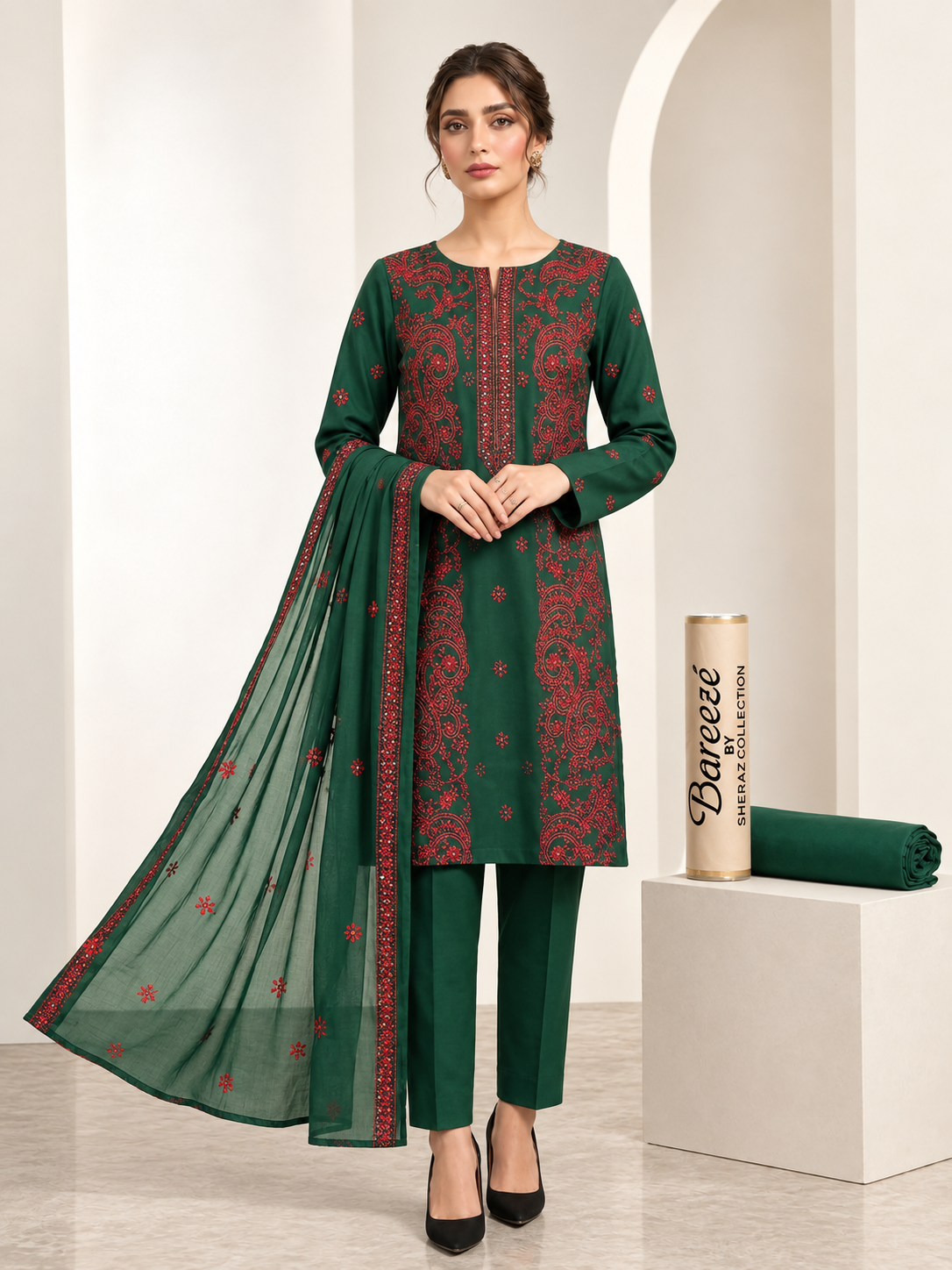 Karandi 3 piece neckline design Bottle green