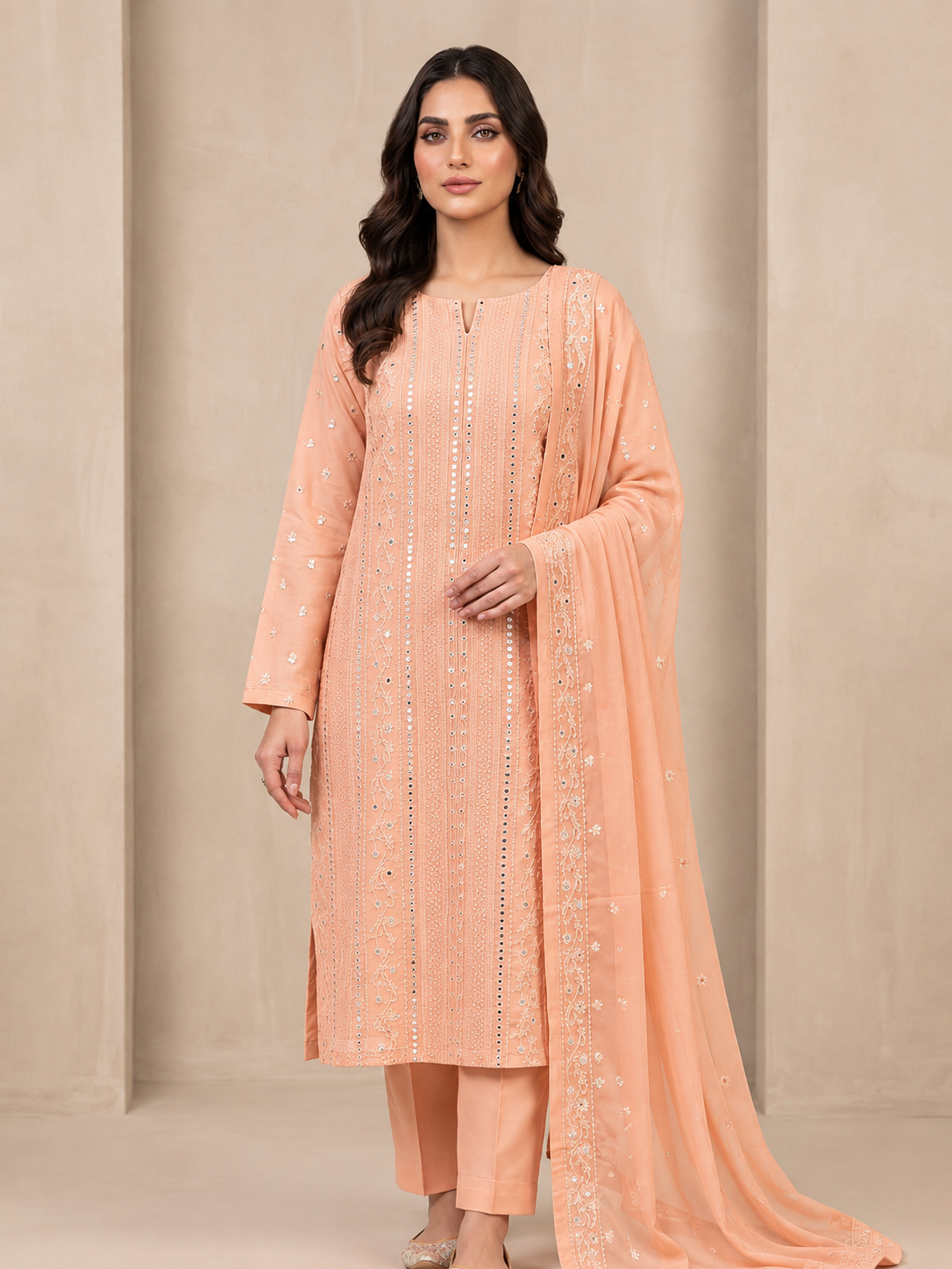Peach Embroidered 3-Piece Suit