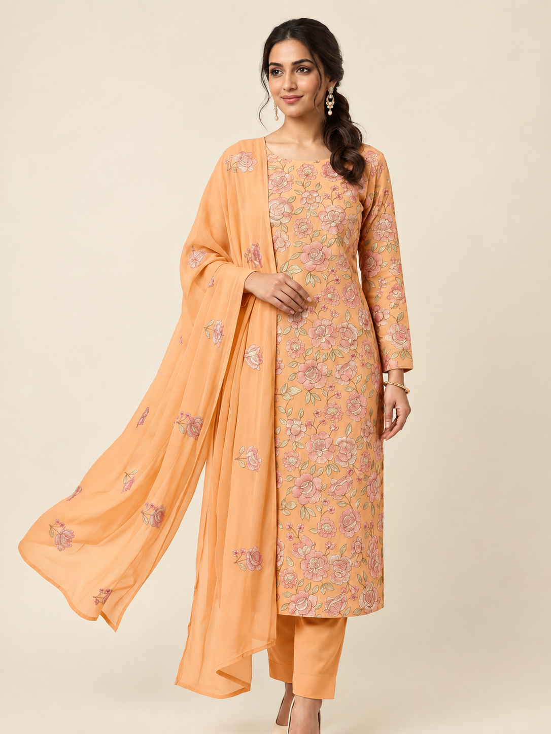 Peach  Floral Embroidered 3-Piece Suit