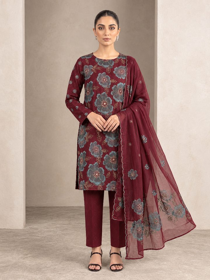 Maroon Floral Embroidered 3-Piece Suit