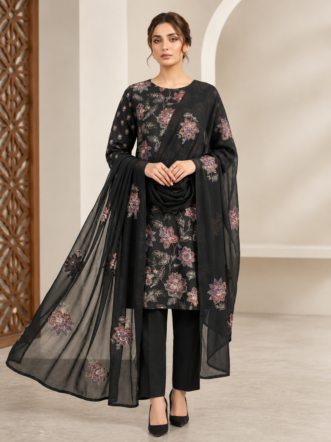 Embroidered karandi multi black suit 3 piece